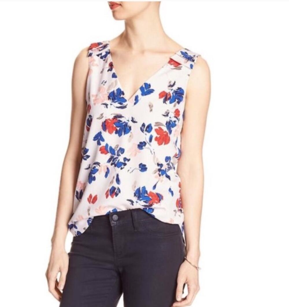 Banana Republic Printed Crepe Floral V-Neck Tank Top Sz Small Petite 4th of July